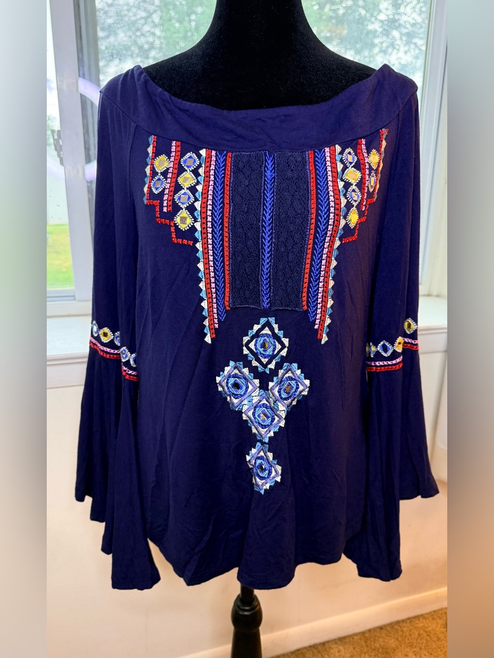 Boston Proper boho chic navy blue embellished swing tunic top off shoulder lrg